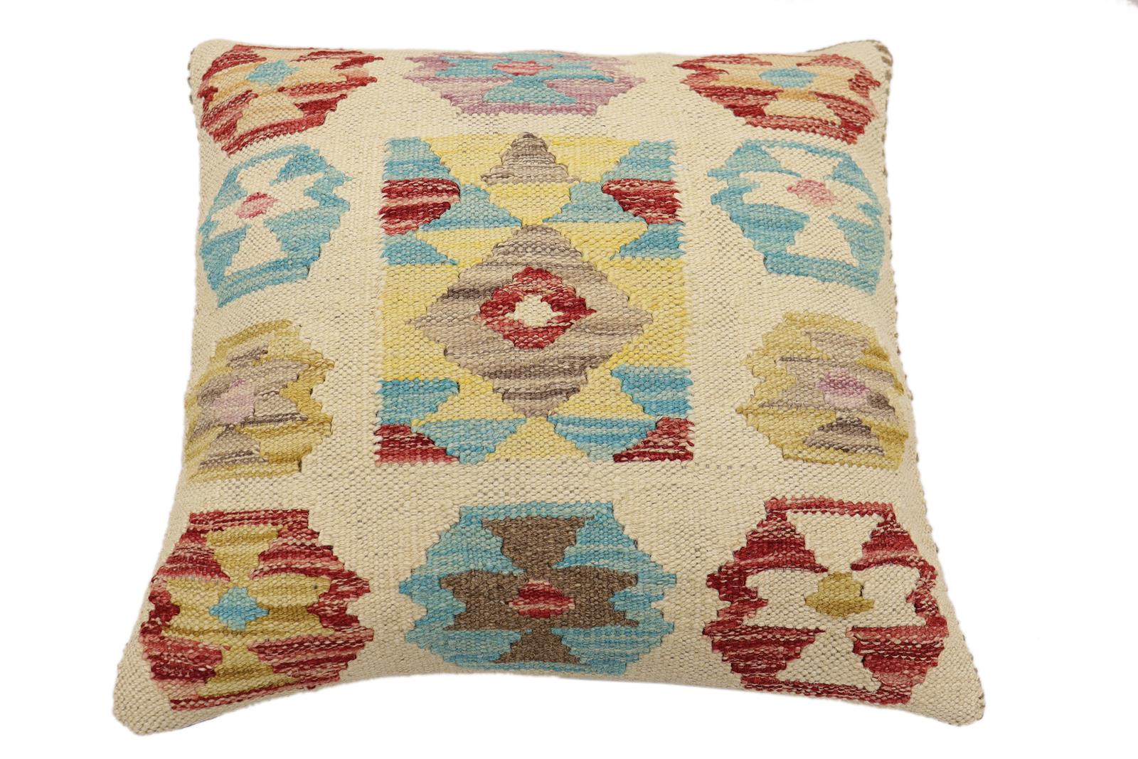 handmade Traditional Pillow Beige Red Hand-Woven SQUARE 100% WOOL  Hand woven turkish pillow  2 x 2