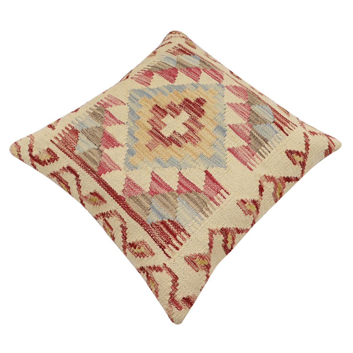 handmade Traditional Pillow Beige Red Hand-Woven SQUARE 100% WOOL  Hand woven turkish pillow  2 x 2