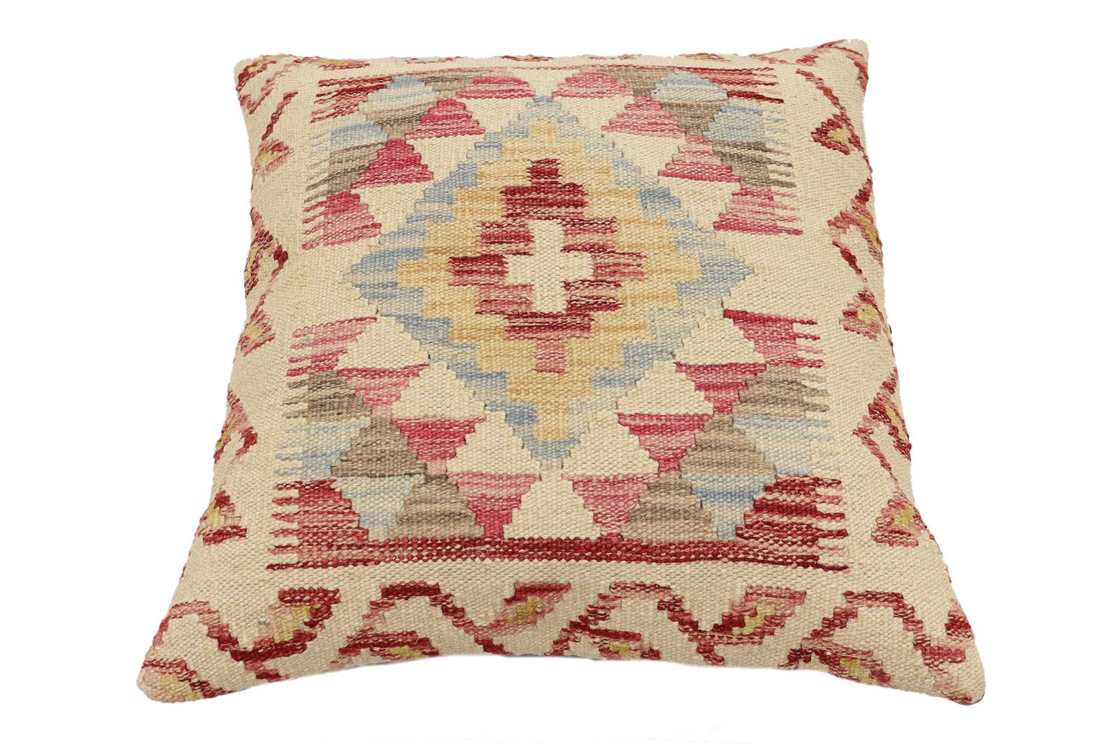 handmade Traditional Pillow Beige Red Hand-Woven SQUARE 100% WOOL  Hand woven turkish pillow  2 x 2