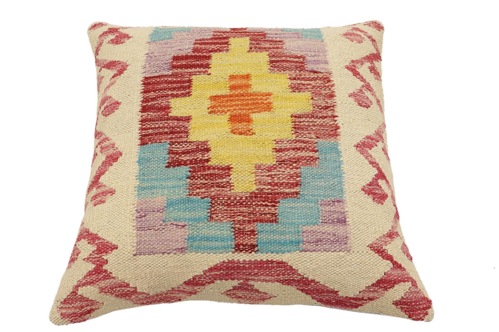 handmade Traditional Pillow Beige Red Hand-Woven SQUARE 100% WOOL Hand woven turkish pillow2' x 2'