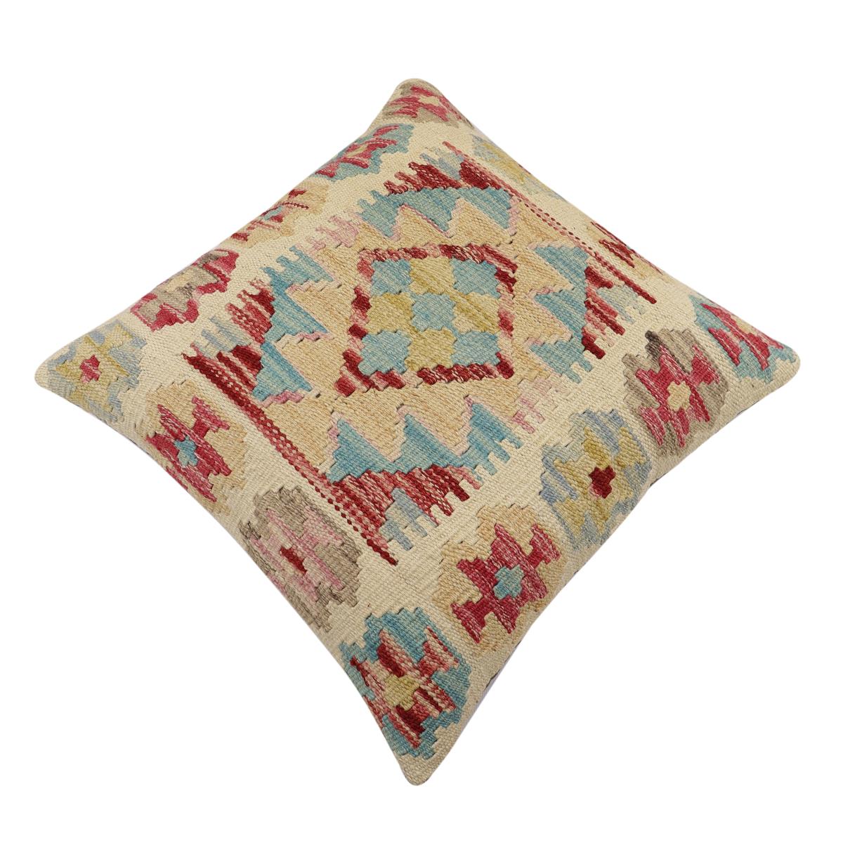 handmade Traditional Pillow Beige Red Hand-Woven SQUARE 100% WOOL  Hand woven turkish pillow  2 x 2