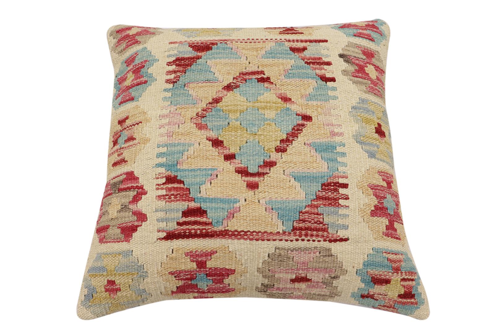 handmade Traditional Pillow Beige Red Hand-Woven SQUARE 100% WOOL  Hand woven turkish pillow  2 x 2