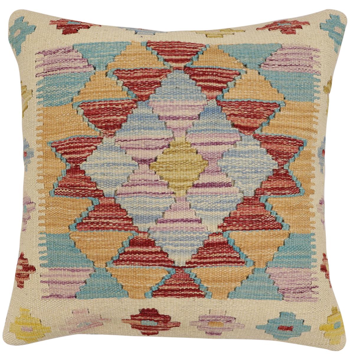 handmade Traditional Pillow Beige Rust Hand-Woven SQUARE 100% WOOL  Hand woven turkish pillow  2 x 2