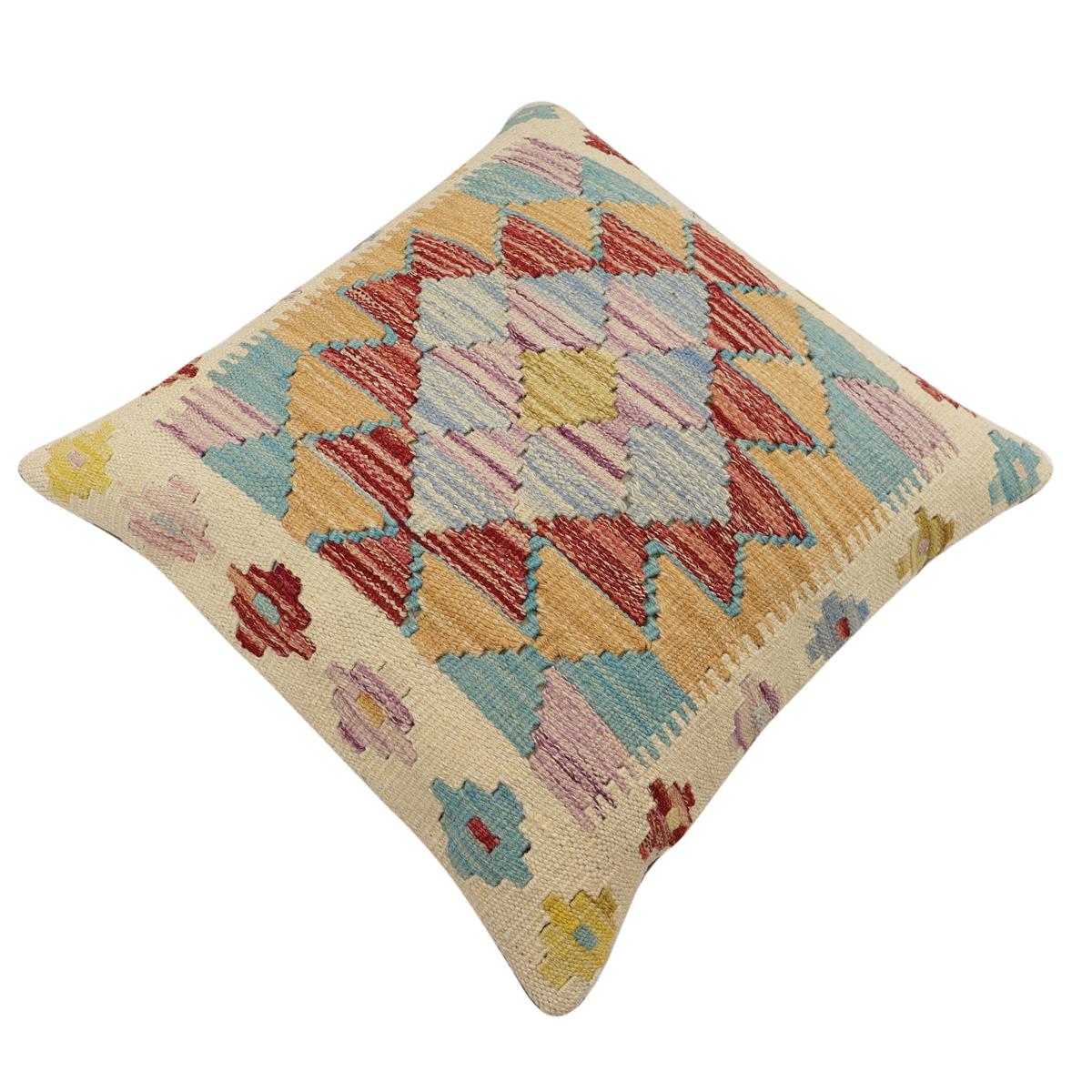 handmade Traditional Pillow Beige Rust Hand-Woven SQUARE 100% WOOL  Hand woven turkish pillow  2 x 2