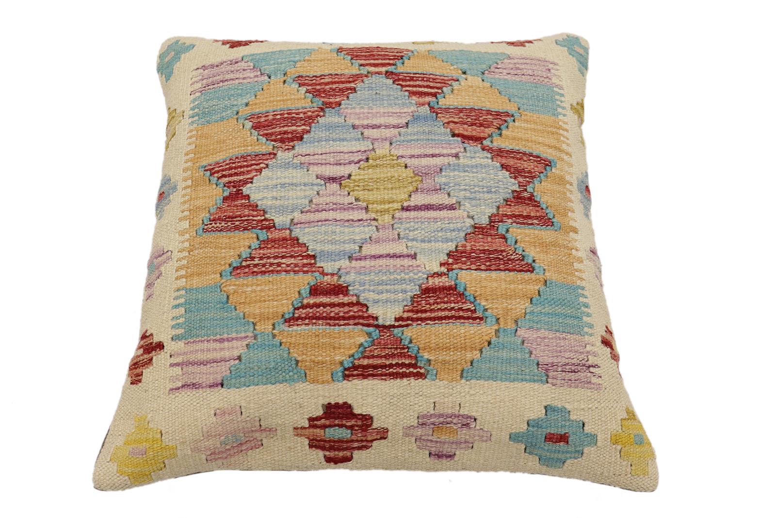 handmade Traditional Pillow Beige Rust Hand-Woven SQUARE 100% WOOL  Hand woven turkish pillow  2 x 2