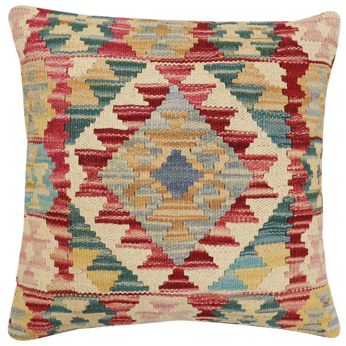 handmade Traditional Pillow Red Blue Hand-Woven SQUARE 100% WOOL  Hand woven turkish pillow  2 x 2