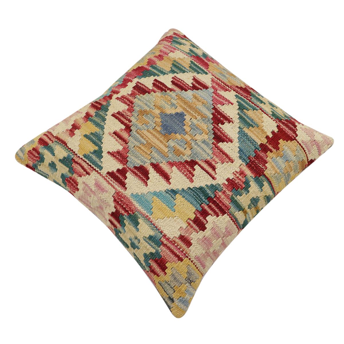 handmade Traditional Pillow Red Blue Hand-Woven SQUARE 100% WOOL  Hand woven turkish pillow  2 x 2