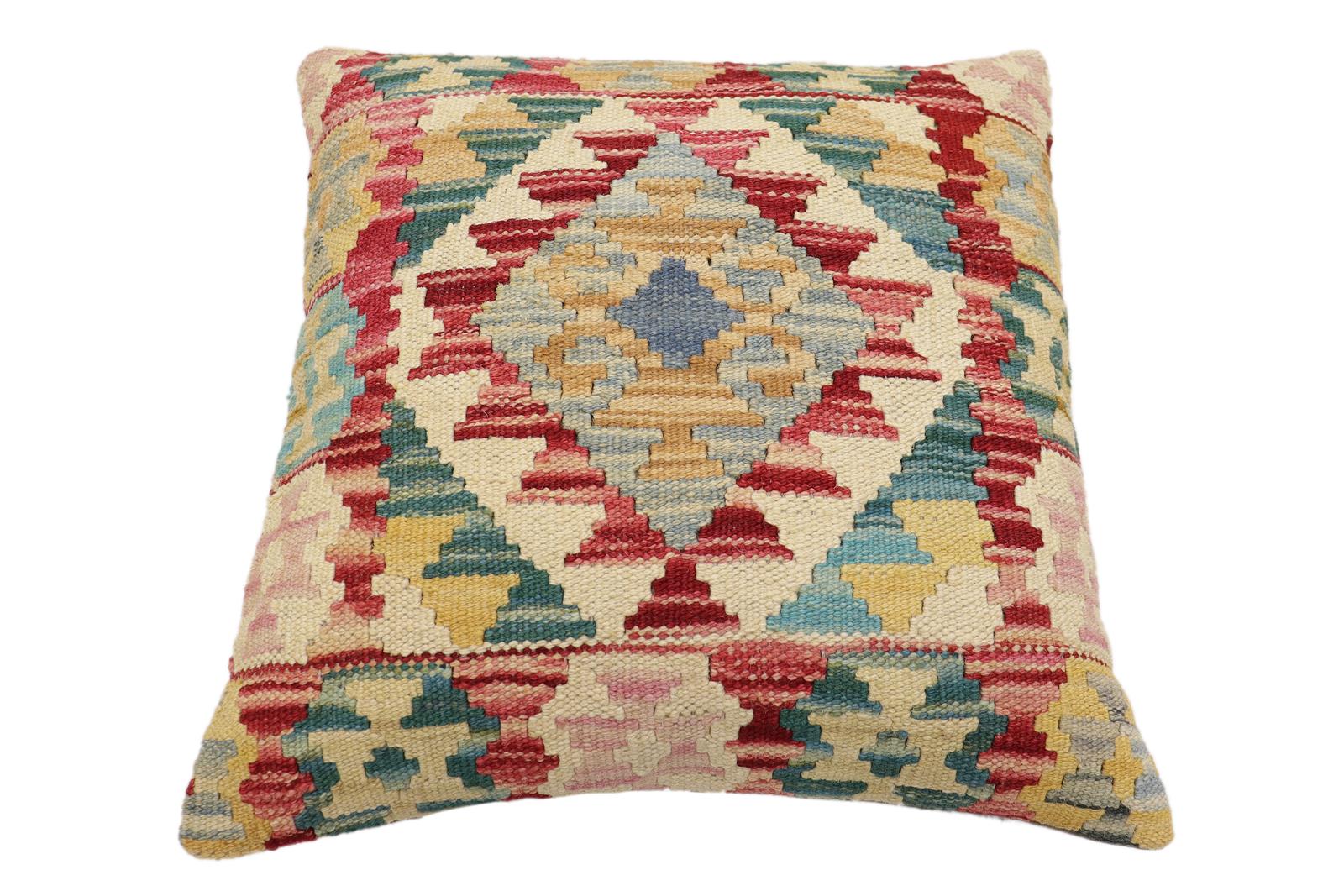 handmade Traditional Pillow Red Blue Hand-Woven SQUARE 100% WOOL  Hand woven turkish pillow  2 x 2