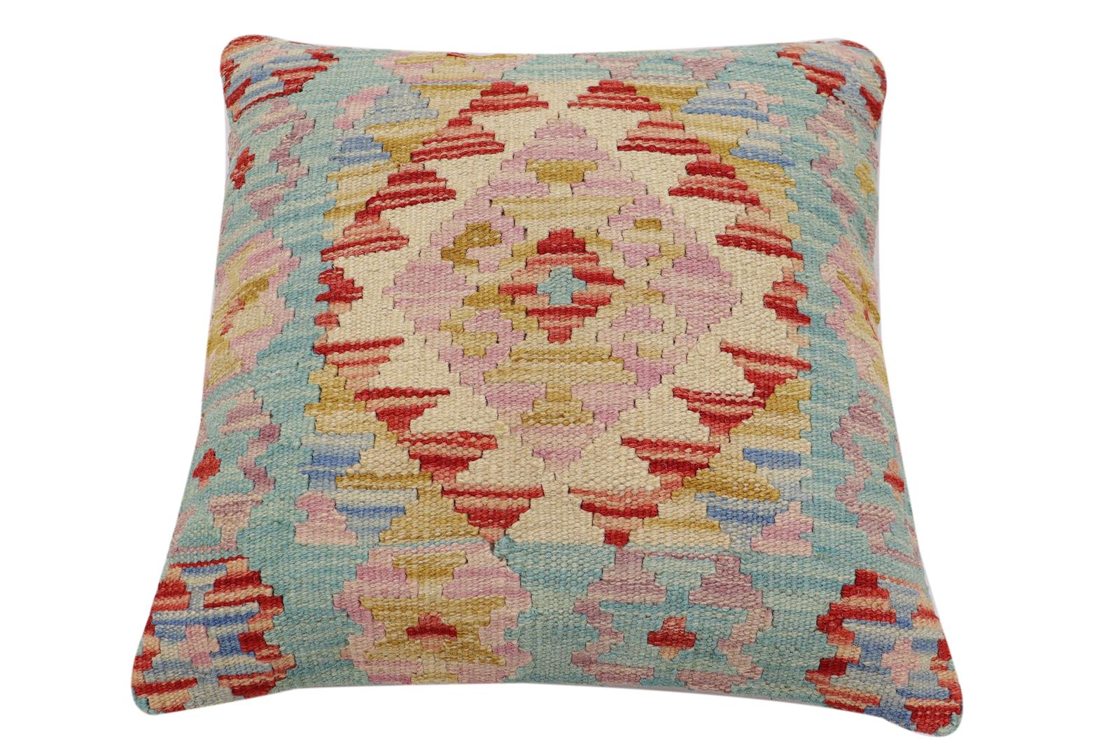 handmade Traditional Pillow Blue Red Hand-Woven SQUARE 100% WOOL Hand woven turkish pillow2' x 2'