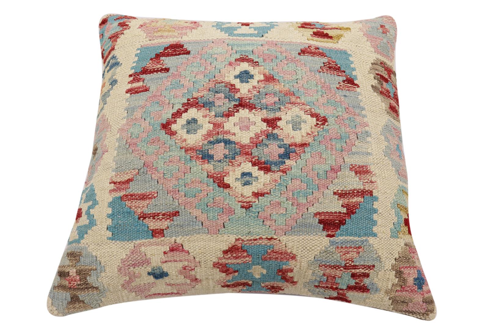 handmade Traditional Pillow Blue Red Hand-Woven SQUARE 100% WOOL  Hand woven turkish pillow  2 x 2