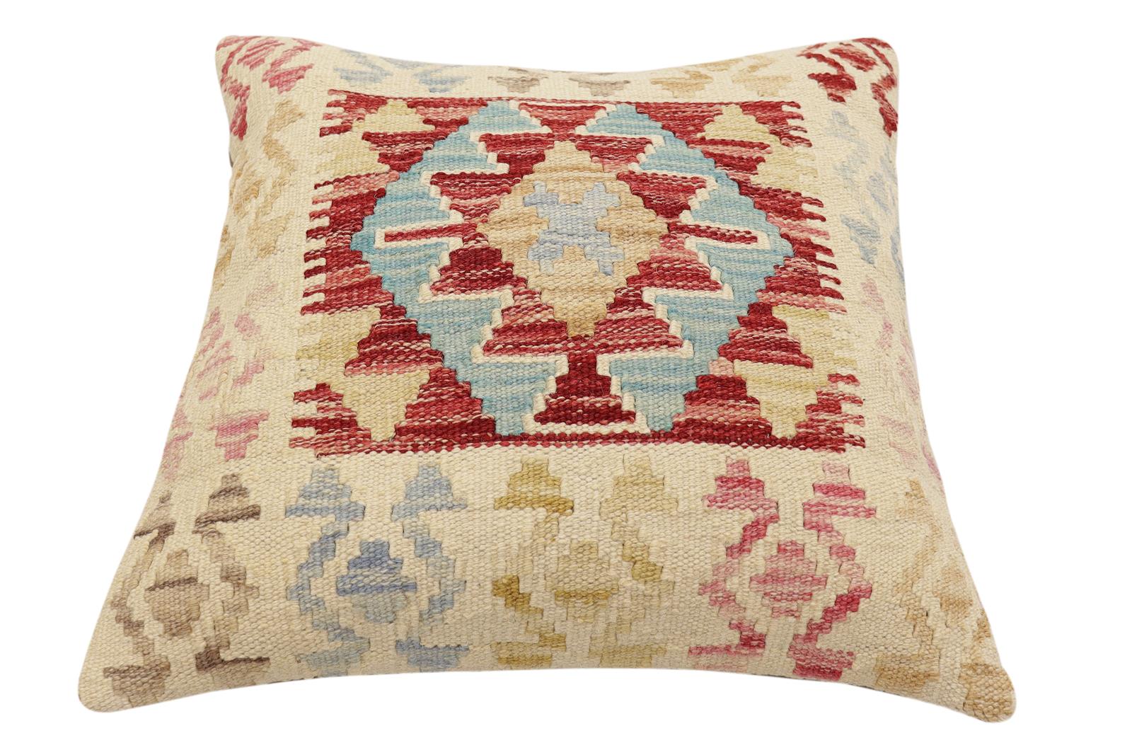 handmade Traditional Pillow Rust Blue Hand-Woven SQUARE 100% WOOL  Hand woven turkish pillow  2 x 2