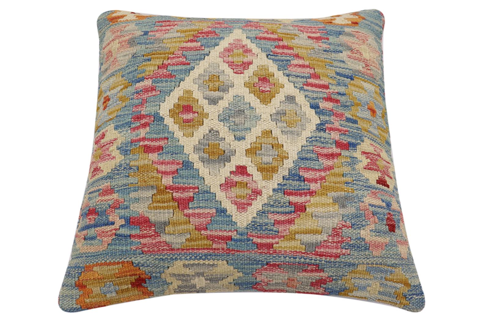 handmade Traditional Pillow Blue Beige Hand-Woven SQUARE 100% WOOL Hand woven turkish pillow2' x 2'