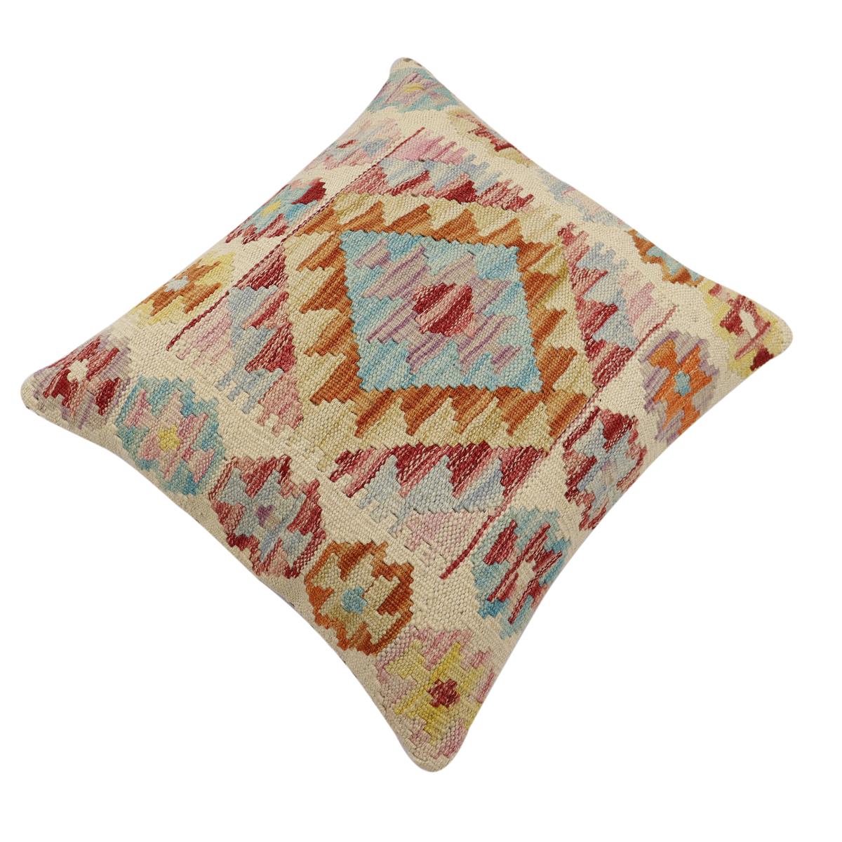 handmade Traditional Pillow Beige Rust Hand-Woven SQUARE 100% WOOL  Hand woven turkish pillow  2 x 2