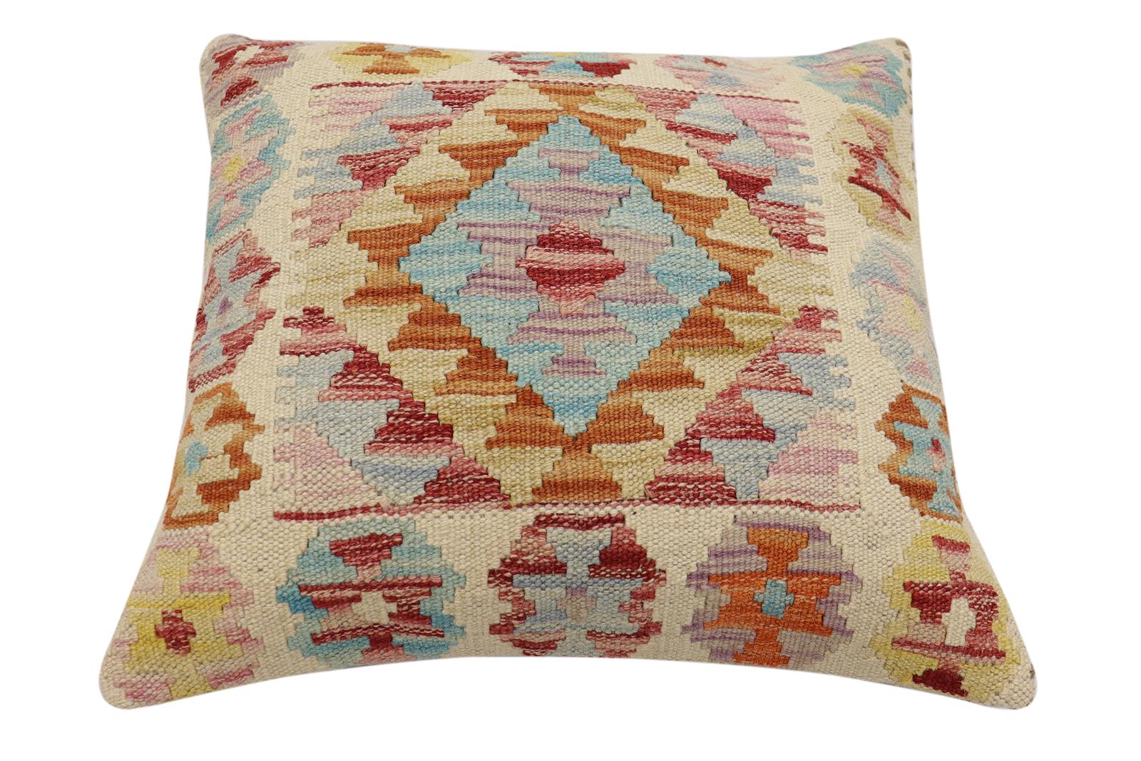 handmade Traditional Pillow Beige Rust Hand-Woven SQUARE 100% WOOL  Hand woven turkish pillow  2 x 2