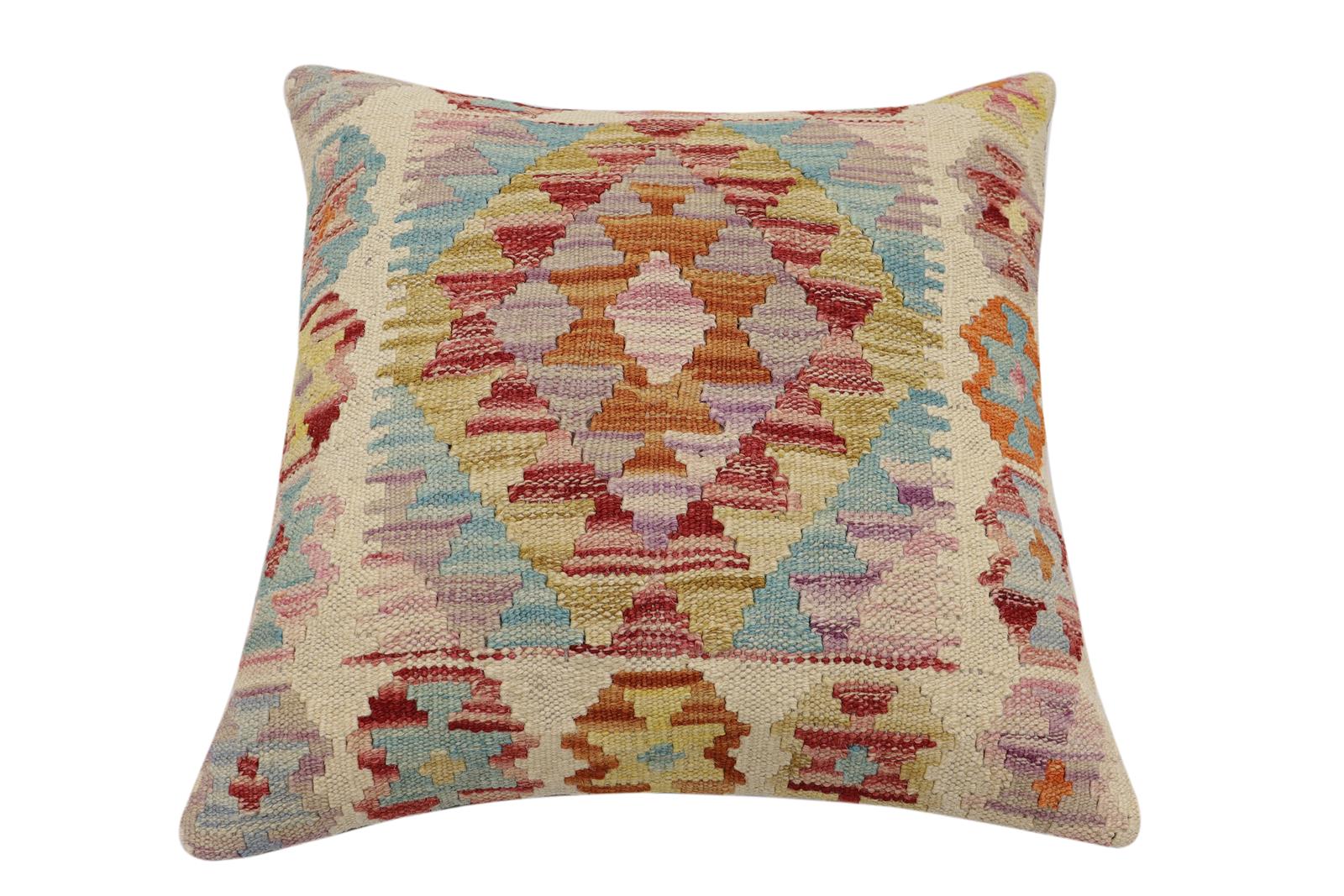 handmade Traditional Pillow Beige Red Hand-Woven SQUARE 100% WOOL Hand woven turkish pillow2' x 2'