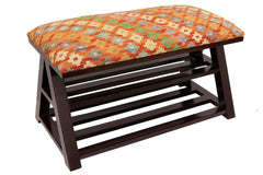 handmade Traditional Shoe Rack Rust Blue Hand-made RECTANGLE Vegetable dyed wool and wood  36'' x 17'' x 22''
