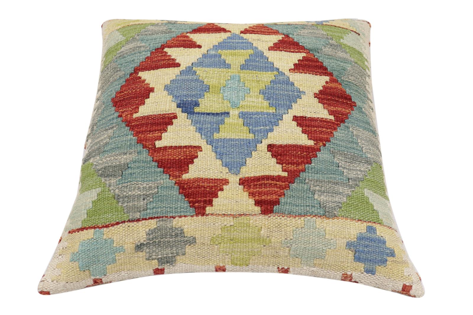 handmade Traditional Pillow Rust Blue Hand-Woven SQUARE 100% WOOL Hand woven turkish pillow2' x 2'