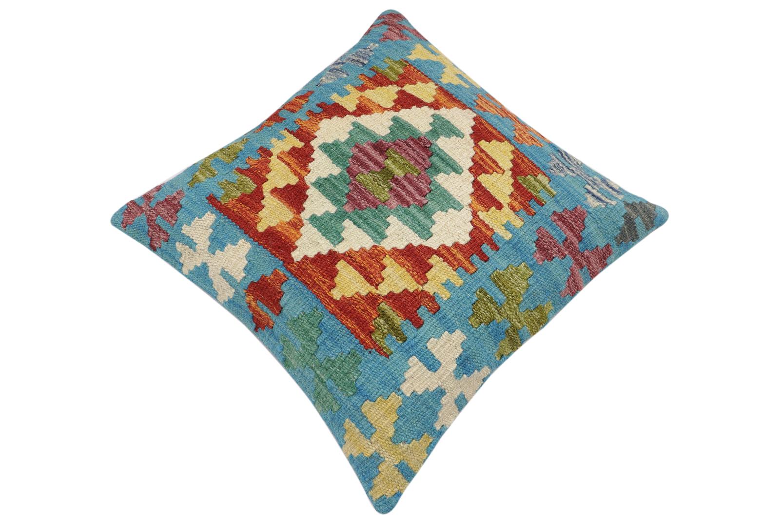 handmade Traditional Pillow Blue Rust Hand-Woven SQUARE 100% WOOL Hand woven turkish pillow2' x 2'