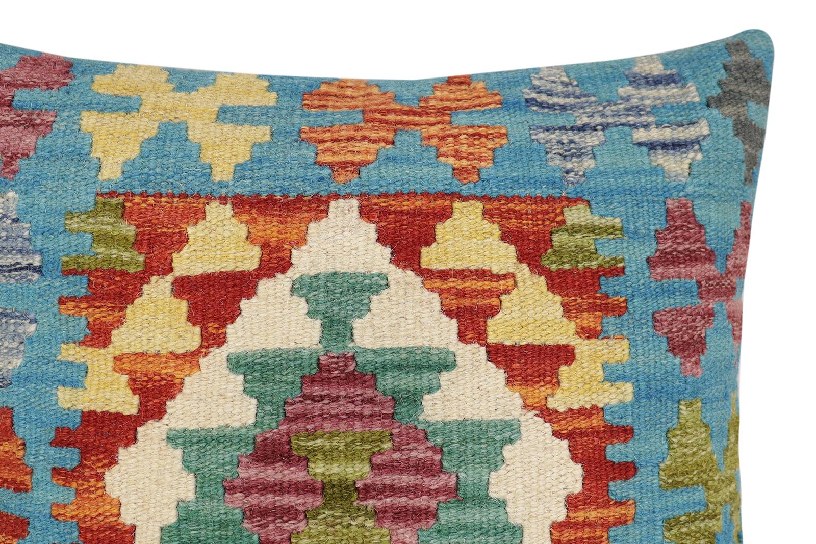 handmade Traditional Pillow Blue Rust Hand-Woven SQUARE 100% WOOL Hand woven turkish pillow2' x 2'