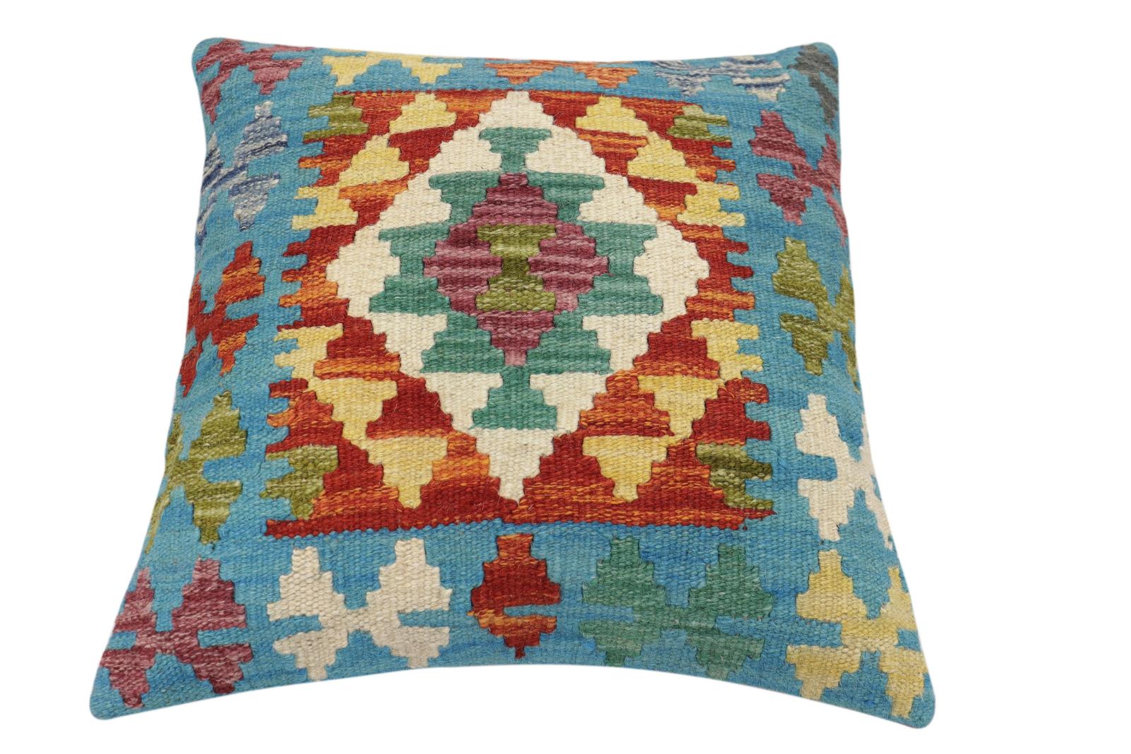 handmade Traditional Pillow Blue Rust Hand-Woven SQUARE 100% WOOL Hand woven turkish pillow2' x 2'