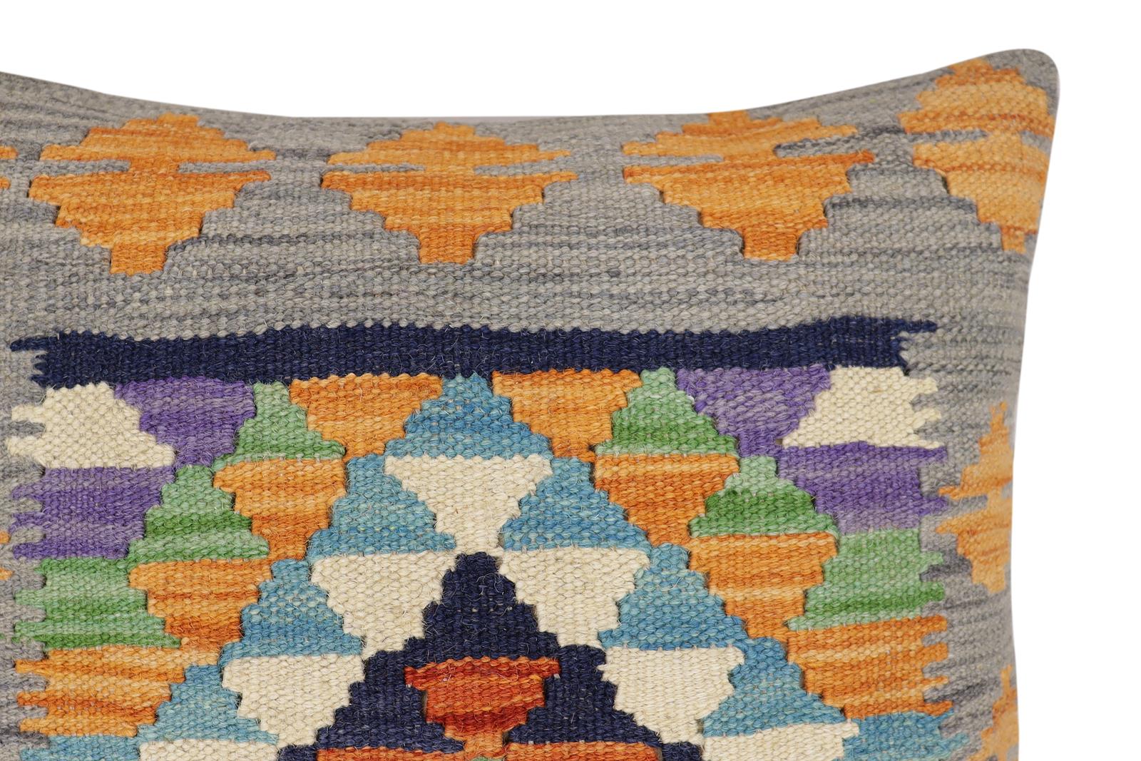 handmade Traditional Pillow Blue Gray Hand-Woven SQUARE 100% WOOL  Hand woven turkish pillow  2 x 2