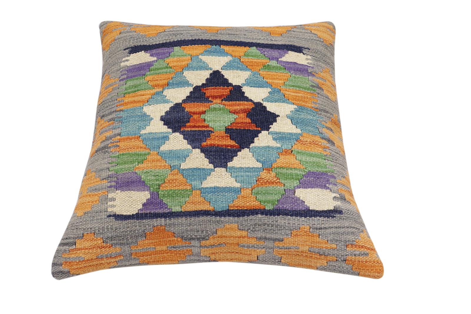 handmade Traditional Pillow Blue Gray Hand-Woven SQUARE 100% WOOL  Hand woven turkish pillow  2 x 2