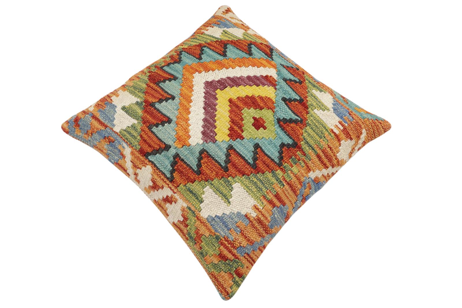 handmade Modern Pillow Rust Blue Hand-Woven SQUARE 100% WOOL  Hand woven turkish pillow  2 x 2