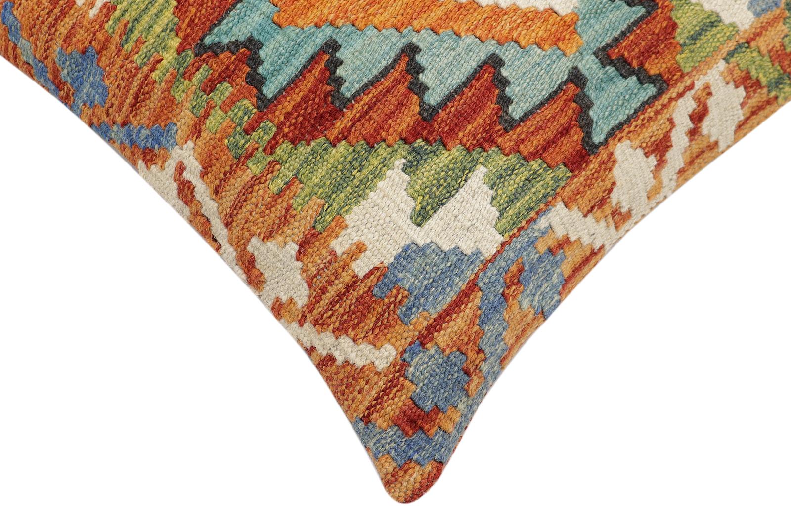 handmade Modern Pillow Rust Blue Hand-Woven SQUARE 100% WOOL  Hand woven turkish pillow  2 x 2