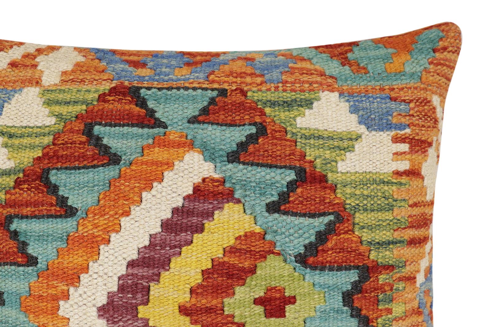 handmade Modern Pillow Rust Blue Hand-Woven SQUARE 100% WOOL  Hand woven turkish pillow  2 x 2