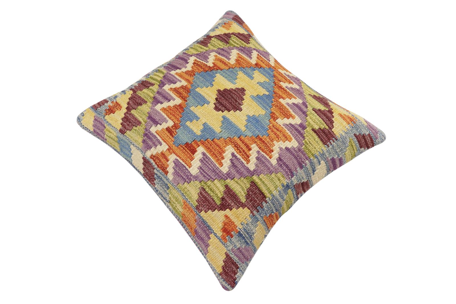 handmade Traditional Pillow Blue Rust Hand-Woven SQUARE 100% WOOL  Hand woven turkish pillow  2 x 2