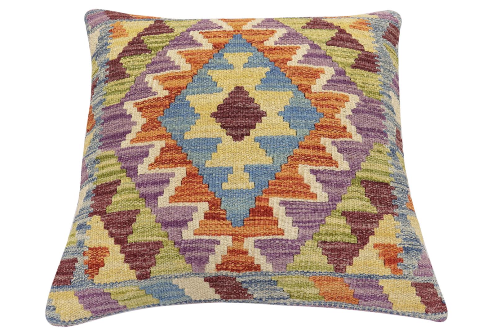 handmade Traditional Pillow Blue Rust Hand-Woven SQUARE 100% WOOL  Hand woven turkish pillow  2 x 2