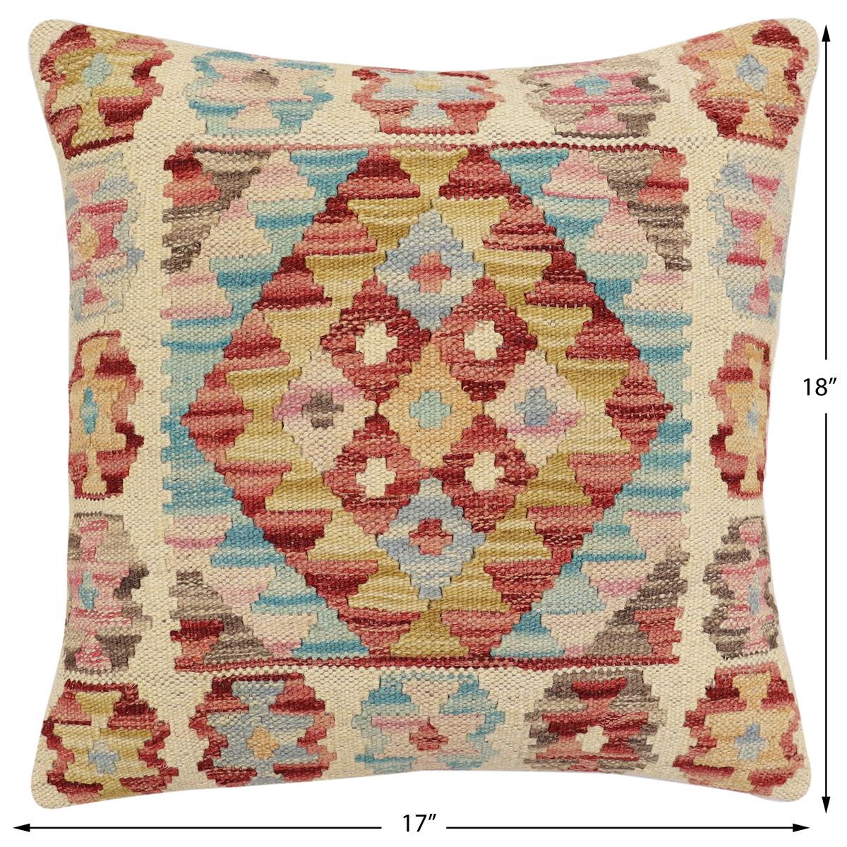 handmade Traditional Pillow Red Blue Hand-Woven SQUARE 100% WOOL  Hand woven turkish pillow  2 x 2