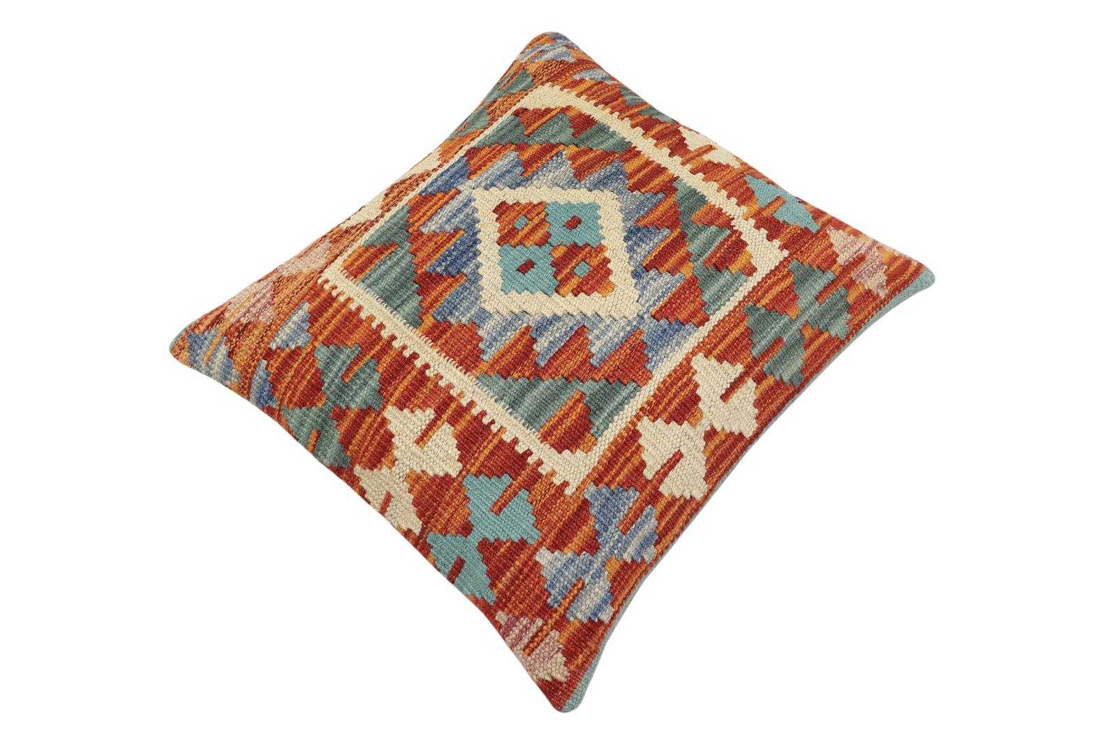 handmade Traditional Pillow Rust Blue Hand-Woven SQUARE 100% WOOL  Hand woven turkish pillow  2 x 2