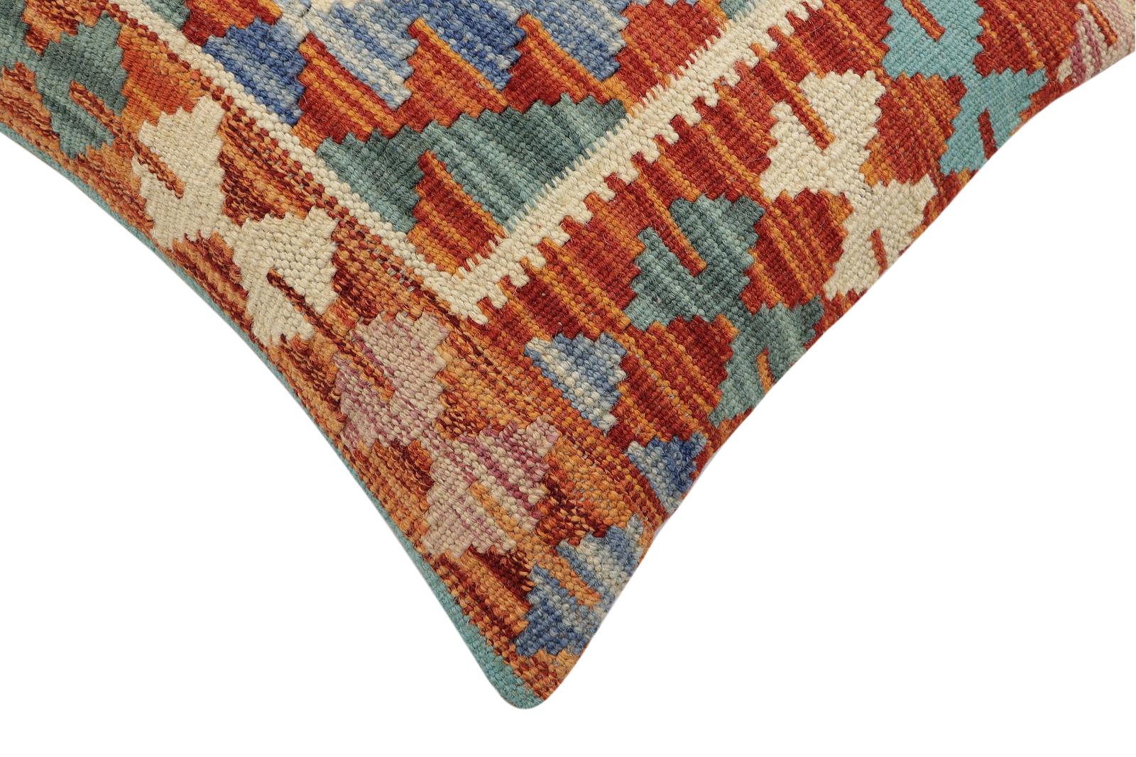 handmade Traditional Pillow Rust Blue Hand-Woven SQUARE 100% WOOL  Hand woven turkish pillow  2 x 2