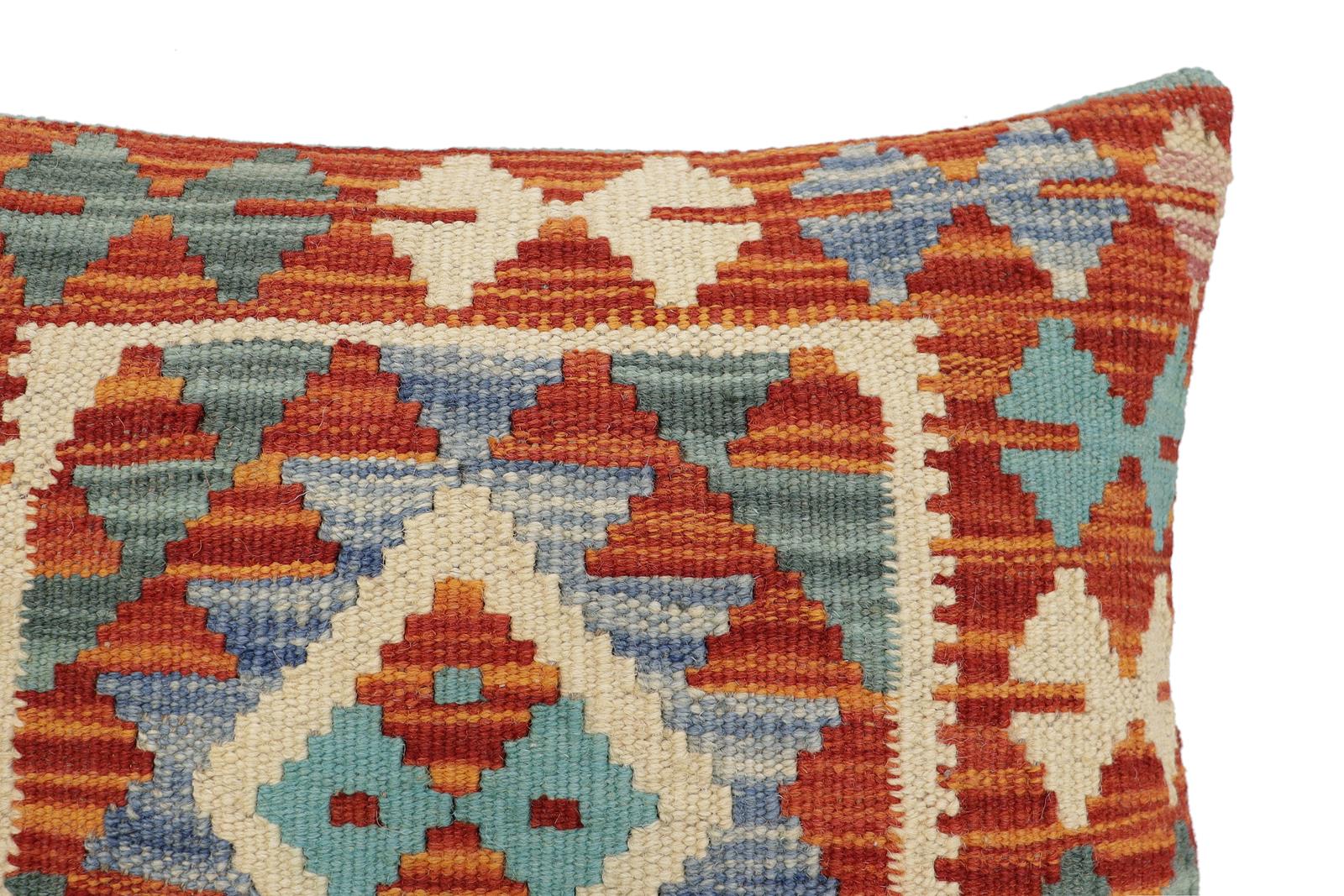 handmade Traditional Pillow Rust Blue Hand-Woven SQUARE 100% WOOL  Hand woven turkish pillow  2 x 2