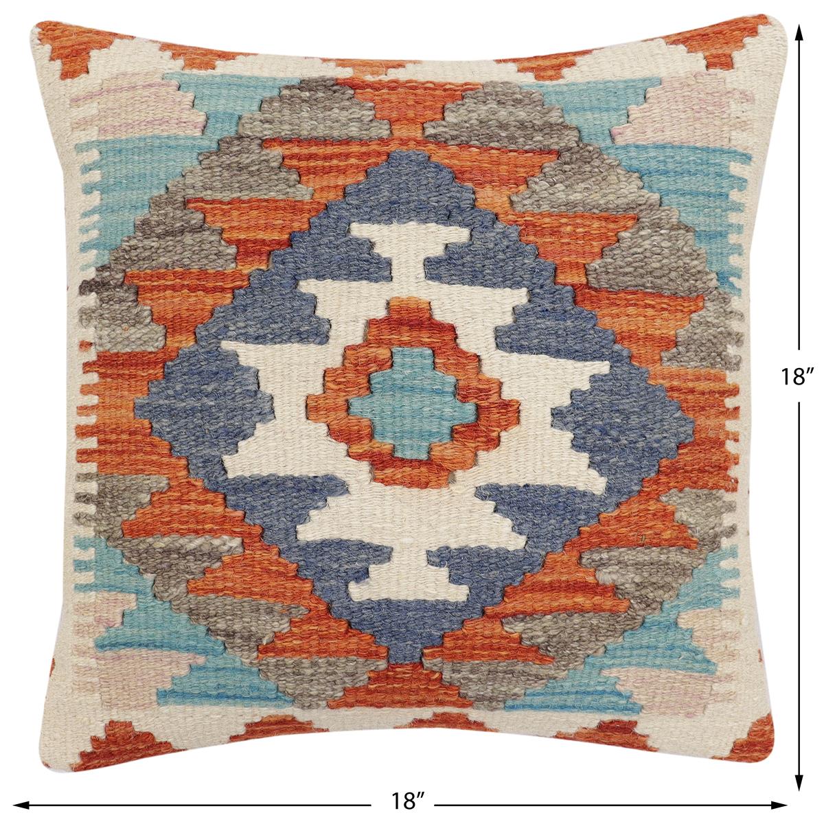 handmade Traditional Pillow Rust Blue Hand-Woven SQUARE 100% WOOL Hand woven turkish pillow2' x 2'