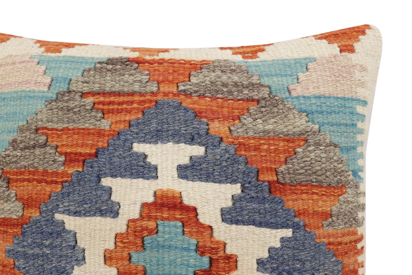 handmade Traditional Pillow Rust Blue Hand-Woven SQUARE 100% WOOL Hand woven turkish pillow2' x 2'