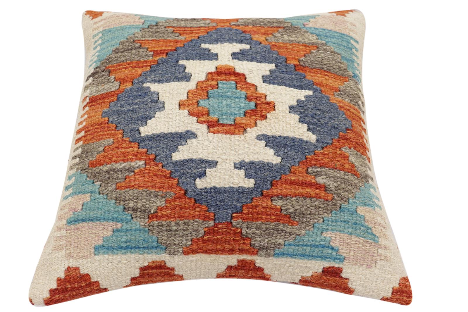 handmade Traditional Pillow Rust Blue Hand-Woven SQUARE 100% WOOL Hand woven turkish pillow2' x 2'