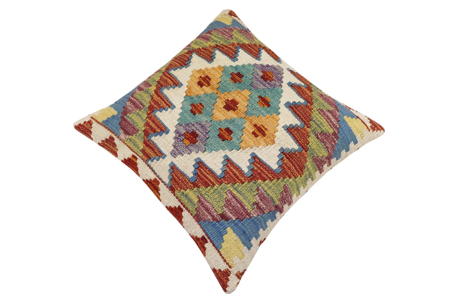 handmade Traditional Pillow Rust Blue Hand-Woven SQUARE 100% WOOL Hand woven turkish pillow2' x 2'