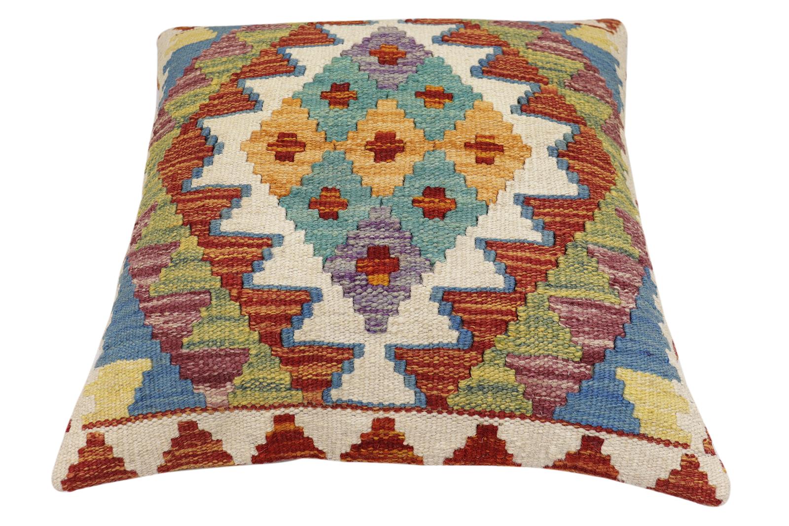 handmade Traditional Pillow Rust Blue Hand-Woven SQUARE 100% WOOL Hand woven turkish pillow2' x 2'