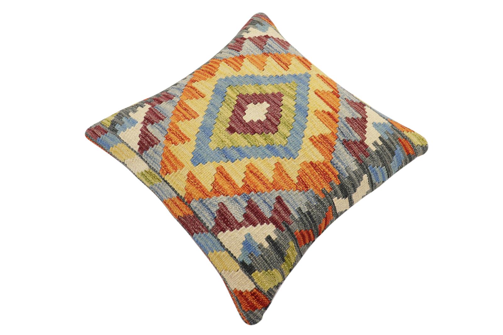 handmade Traditional Pillow Rust Blue Hand-Woven SQUARE 100% WOOL  Hand woven turkish pillow  2 x 2