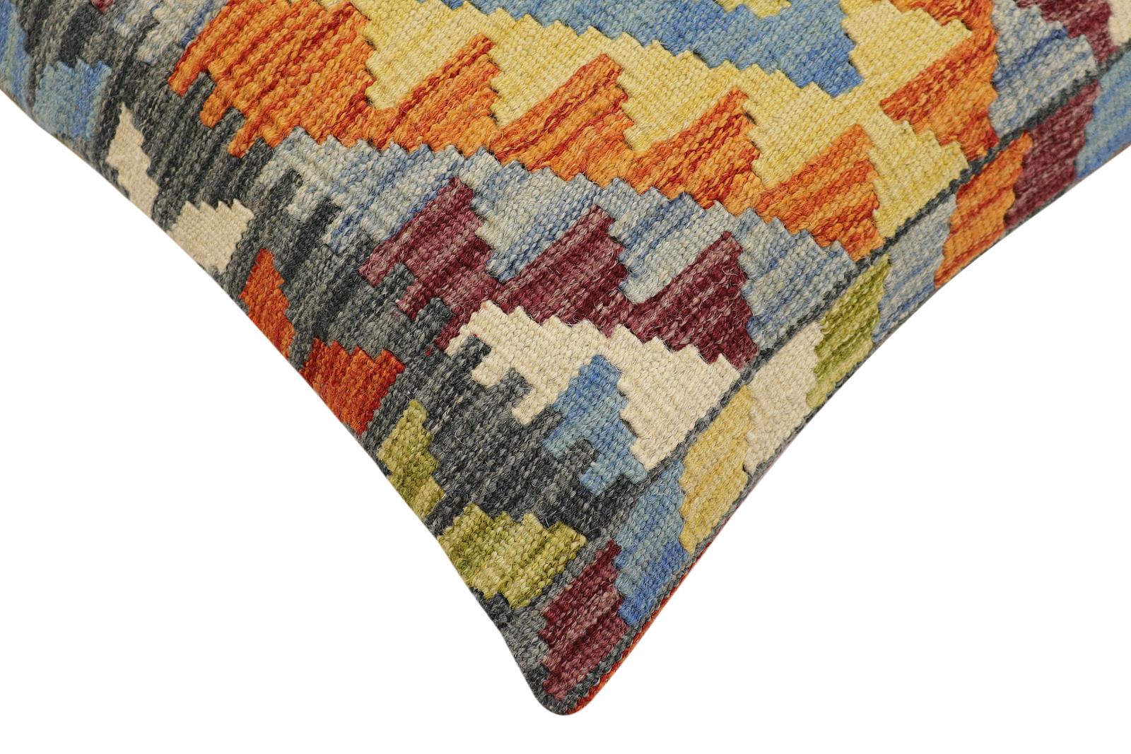 handmade Traditional Pillow Rust Blue Hand-Woven SQUARE 100% WOOL  Hand woven turkish pillow  2 x 2