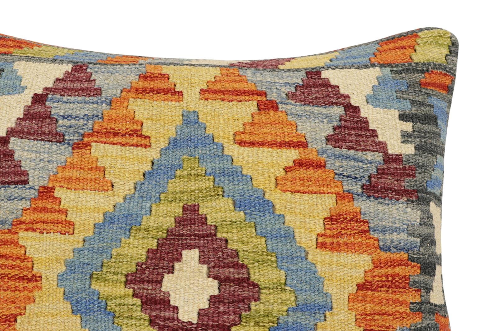 handmade Traditional Pillow Rust Blue Hand-Woven SQUARE 100% WOOL  Hand woven turkish pillow  2 x 2