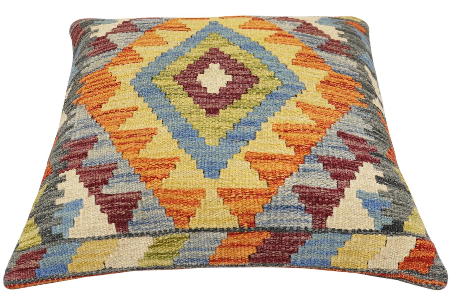 handmade Traditional Pillow Rust Blue Hand-Woven SQUARE 100% WOOL  Hand woven turkish pillow  2 x 2
