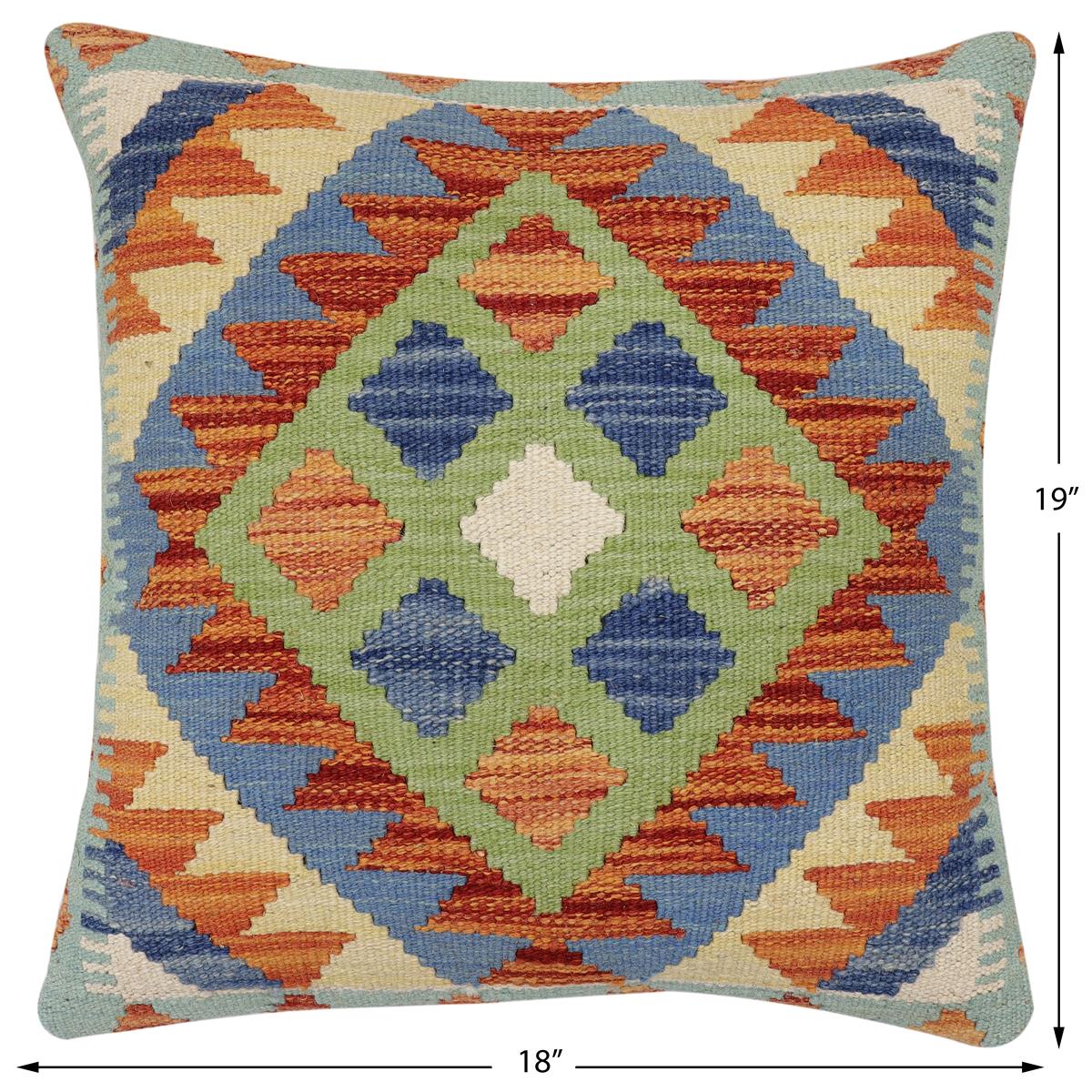 handmade Traditional Pillow Rust Blue Hand-Woven SQUARE 100% WOOL  Hand woven turkish pillow  2 x 2