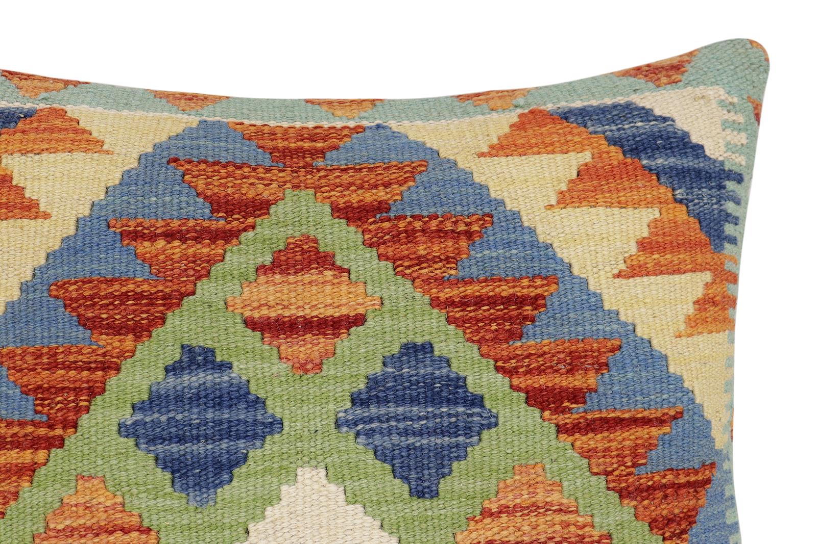 handmade Traditional Pillow Rust Blue Hand-Woven SQUARE 100% WOOL  Hand woven turkish pillow  2 x 2