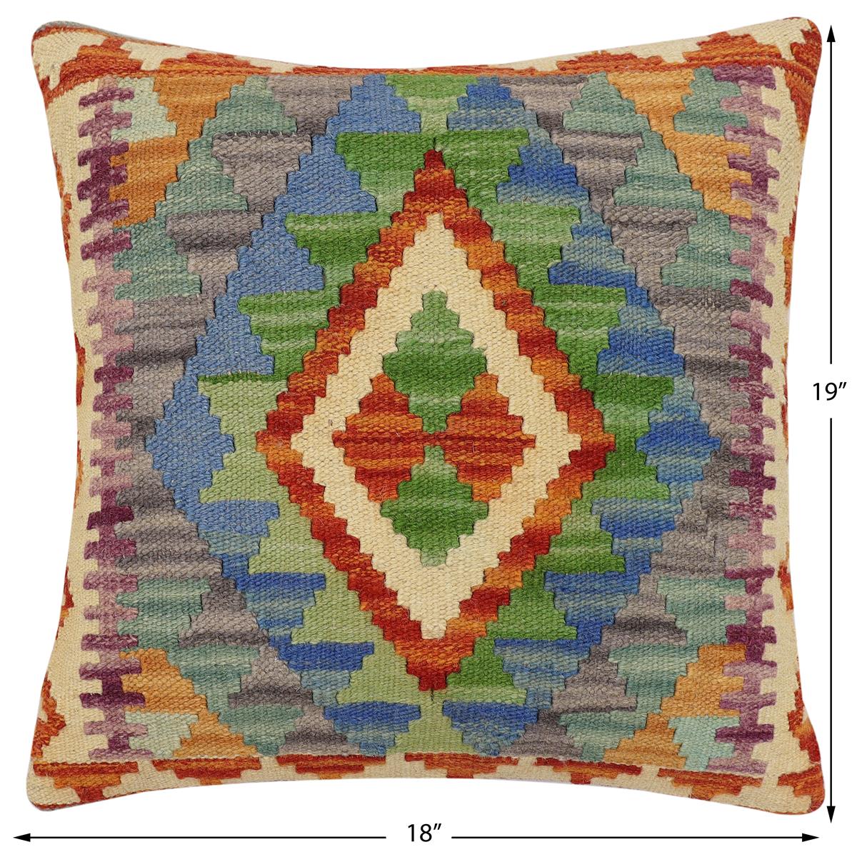 handmade Traditional Pillow Rust Blue Hand-Woven SQUARE 100% WOOL  Hand woven turkish pillow  2 x 2