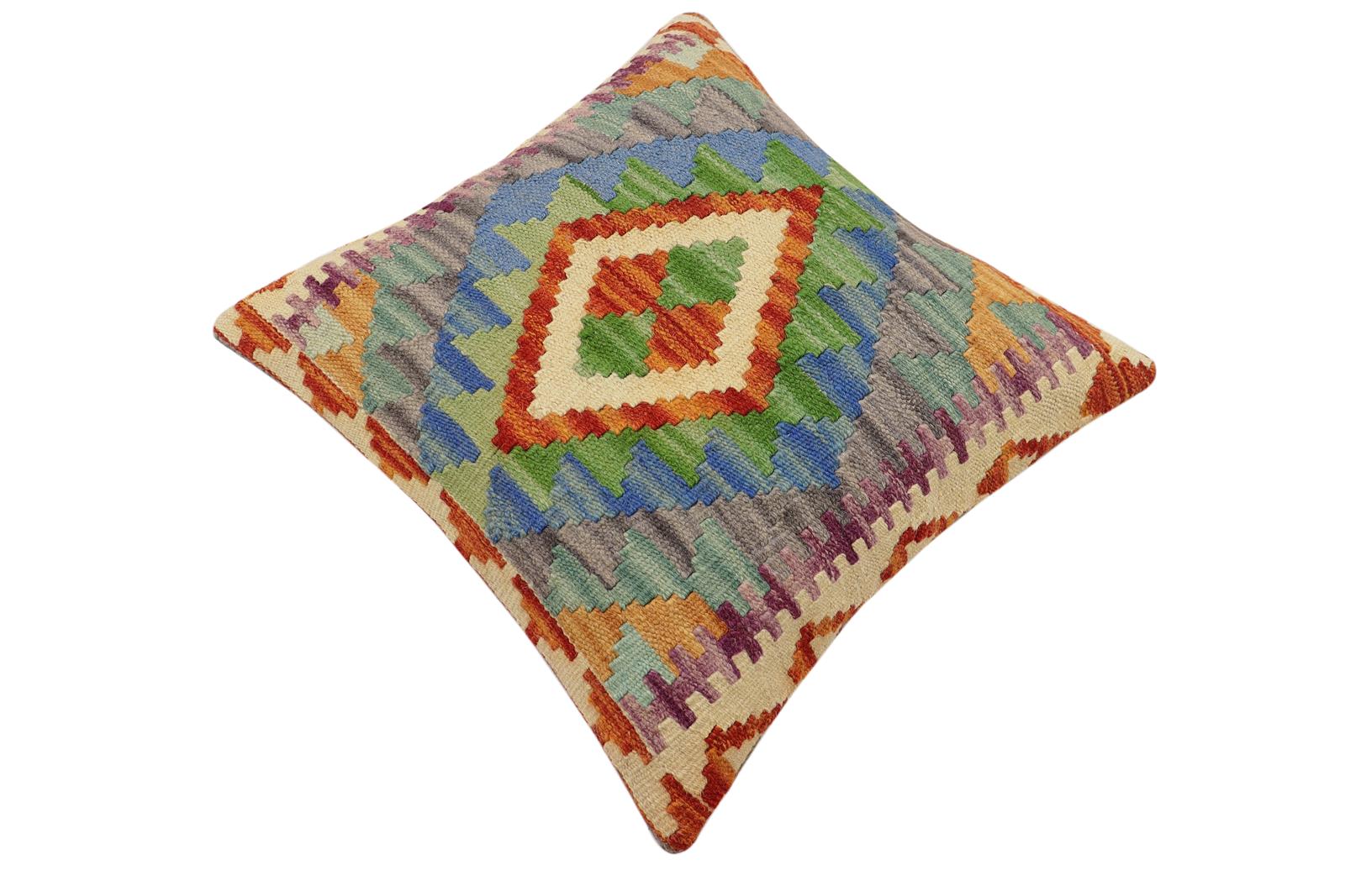 handmade Traditional Pillow Rust Blue Hand-Woven SQUARE 100% WOOL  Hand woven turkish pillow  2 x 2