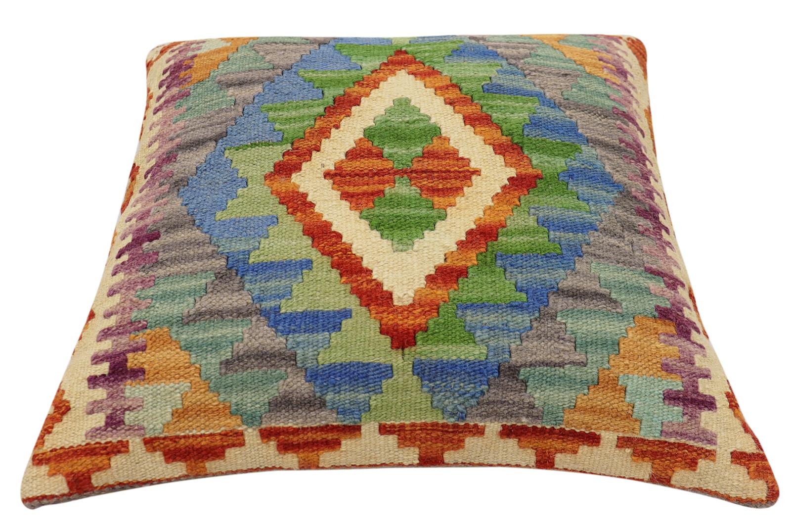 handmade Traditional Pillow Rust Blue Hand-Woven SQUARE 100% WOOL  Hand woven turkish pillow  2 x 2