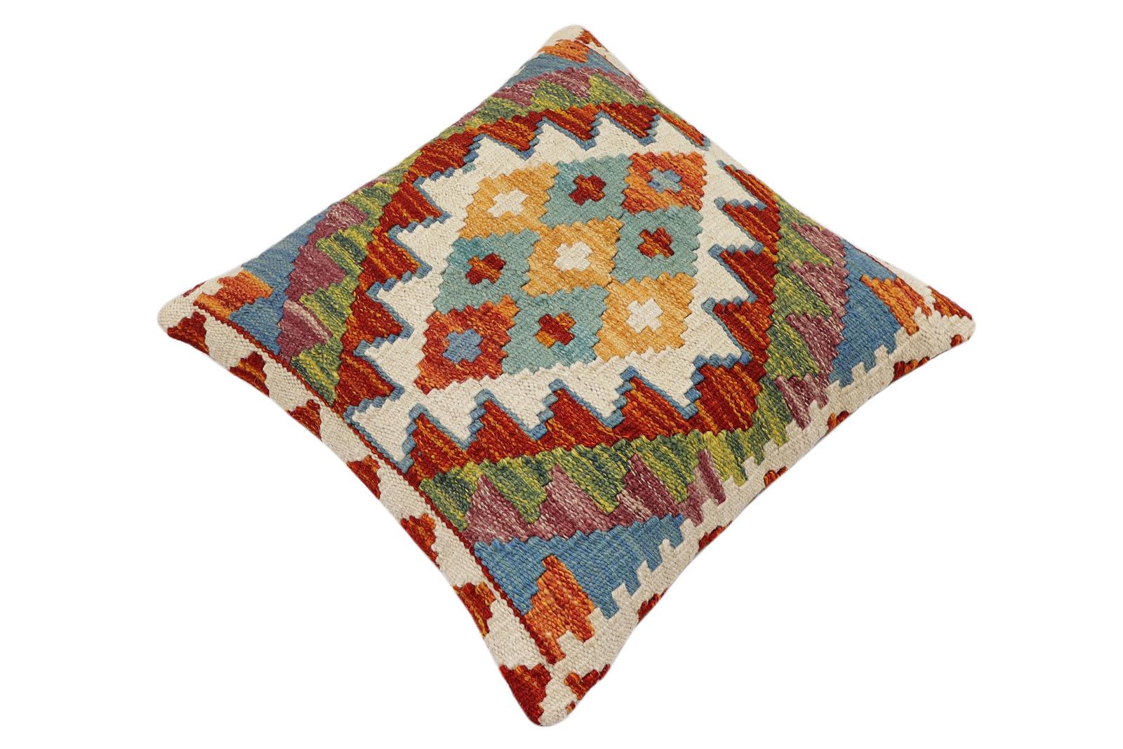 handmade Traditional Pillow Rust Blue Hand-Woven SQUARE 100% WOOL  Hand woven turkish pillow  2 x 2